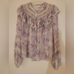 LoveShackFancy Lavender Floral Ruffled Button Blouse
